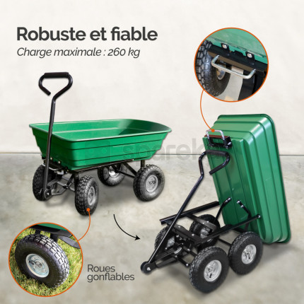 Linxor - chariot de jardin, remorque de transport à roulettes - 75 l - 260 kg - vert-2